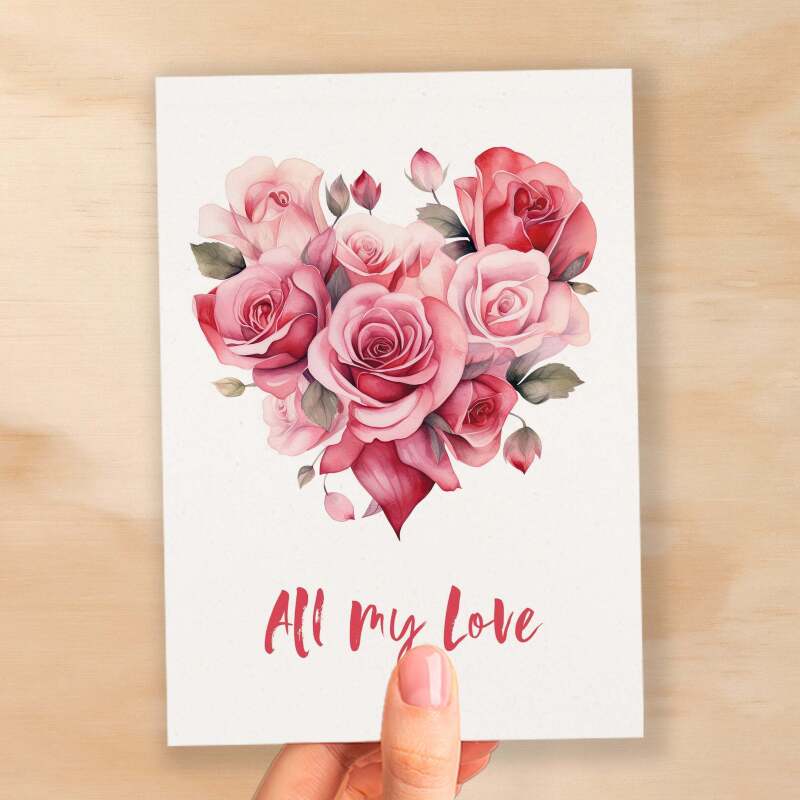Anniversary or Valentine's Card for Her Anniversary Card for Wife Valentines Day Card For Husband Boyfriend or Girlfriend Flower Heart - Large (5x7) / Blank Message