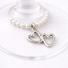 Handmade Wine Glass Charm - Silver Heart Duo