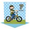 Birthday boy age 7 on his bicycle - child's age birthday - designed by Erica Sturla - 15cm square and blank inside, made in the UK