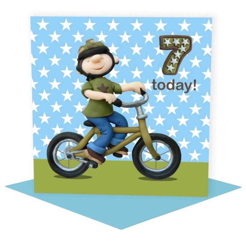 Birthday boy age 7 on his bicycle - child's age birthday - designed by Erica Sturla - 15cm square and blank inside, made in the UK