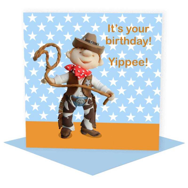 Birthday cowboy - child's birthday card designed by Erica Sturla - 15cm square and blank inside, made in the UK