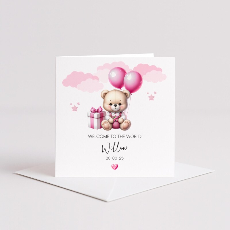 Personalised New Born Baby Girl Card Teddy Bear Birth Announcement &ndash; Pink Balloons Keepsake - Smooth No Message - Kraft Brown