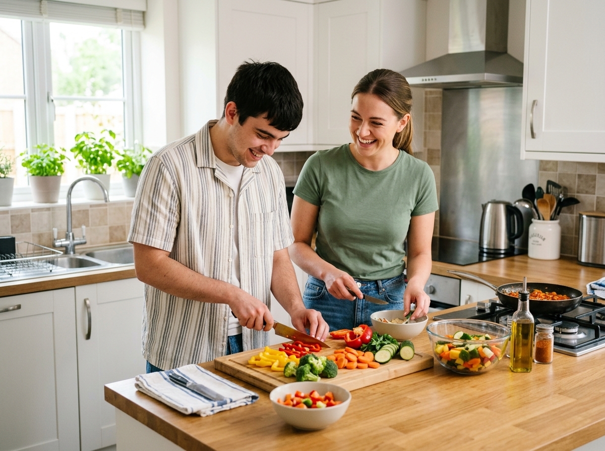 A young person learning cooking skills in a bright, modern Navigate 828 kitchen