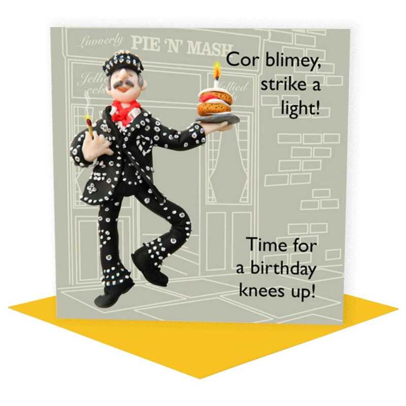 Pearly King themed birthday card - designed by Erica Sturla - 15cm square and blank inside, made in the UK