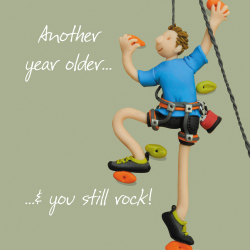 Holy Mackerel You still rock (male), a rock climbing themed Erica Sturla birthday greetings card, for husband, brother, son, boyfriend, friend etc. 15cm square and blank inside
