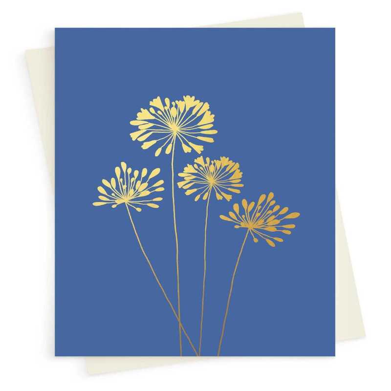 Agapanthus floral greeting card embellished with golden foil -  designed by artist Eloise Hall - 15.7 x 11cm and blank inside