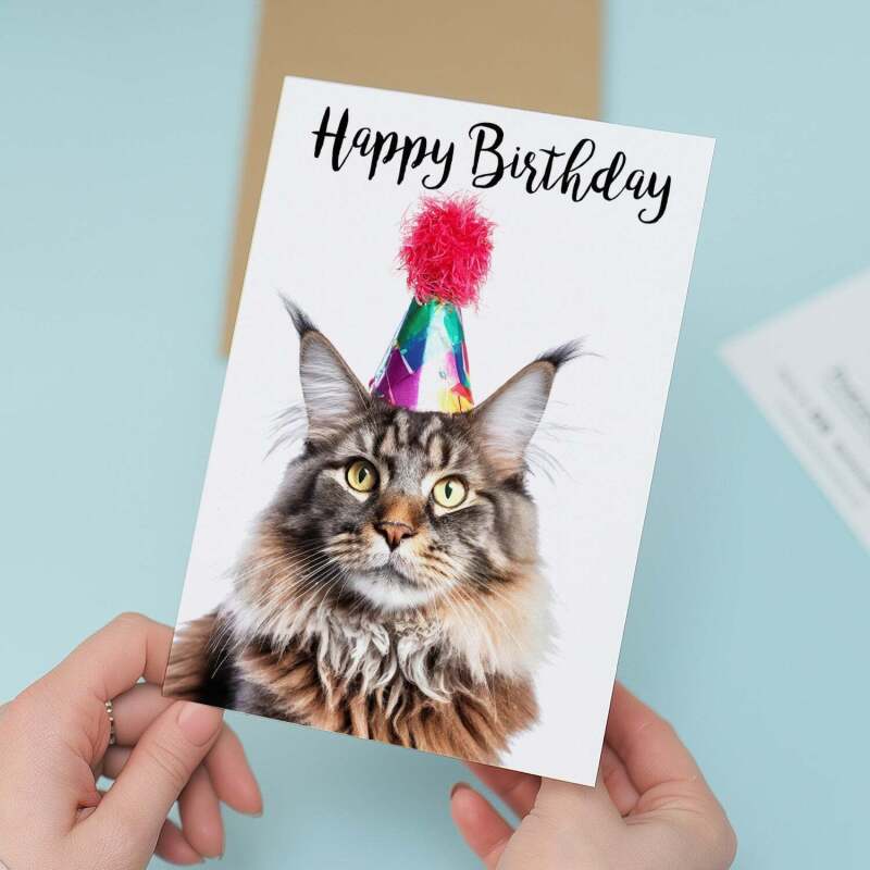 Birthday Card For Her Card For Friend Mum or Sister Birthday Card For Him Brother Dad Happy Birthday Card of Mainecoon Cat Fun Birthday Card - Large (5x7) / Blank Message