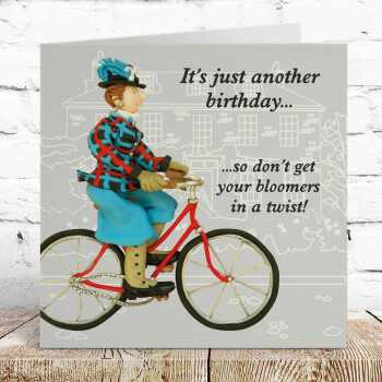 Don't get your bloomers in a twist! cyclist themed birthday card - designed by Erica Sturla - 15cm square and blank inside, made in the UK