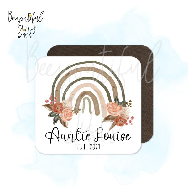 Personalised New Auntie Coaster - Watercolour Floral Rainbow