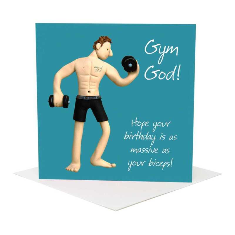 Gym God fitness themed birthday card for him - designed by Erica Sturla - 15cm square and blank inside, made in the UK