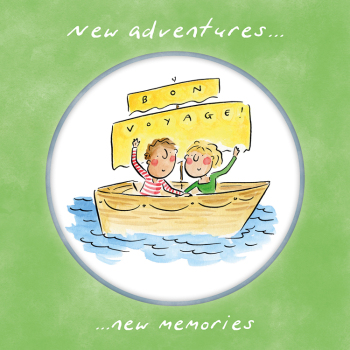 Holy Mackerel New adventures, a 15cm square goodbye or bon voyage card featuring Rosie Brooks artwork, blank inside for your message