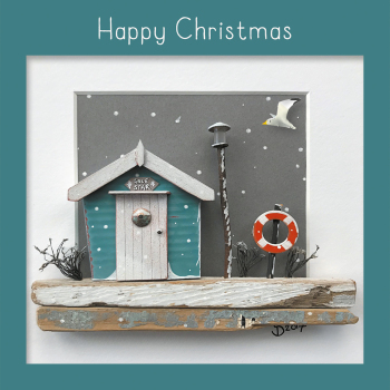Holy Mackerel A coastal themed Happy Christmas beach hut card by artist Seth Draper, 15cm square with envelope. Blank inside for your message