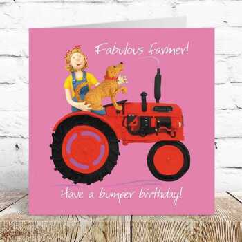 Fabulous farmer female tractor themed birthday card for him - designed by Erica Sturla - 15cm square and blank inside, made in the UK