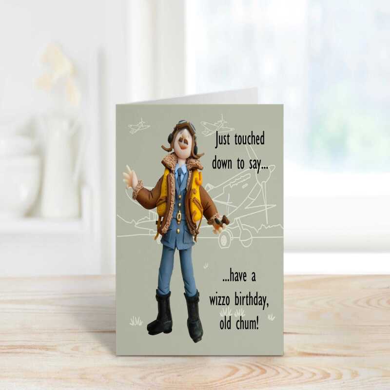 Wizzo pilot themed birthday card - designed by Erica Sturla - 15cm square and blank inside, made in the UK