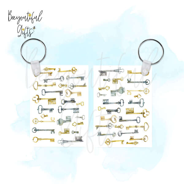 Watercolour Vintage Keys High Gloss Rectangular Wooden Key Ring