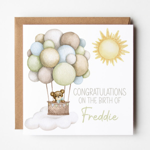 Personalised New Baby Card - Congratulations on the Birth of... - Green Hot Hair Balloon