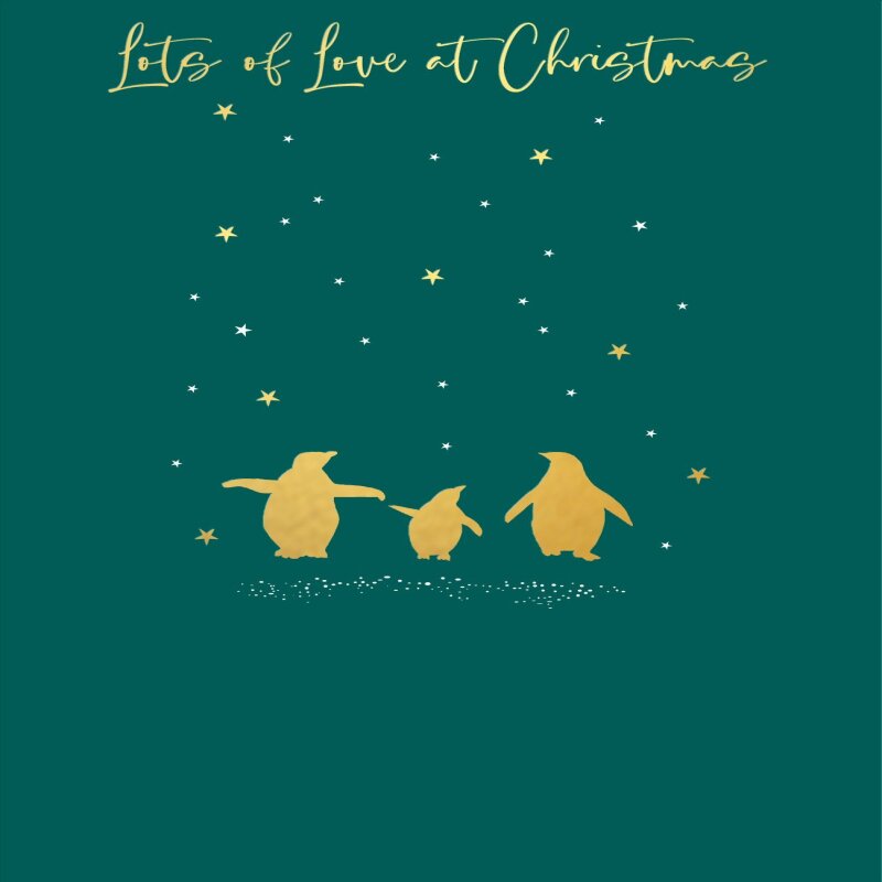 Holy Mackerel three penguins gold foiled luxury Christmas card - designed by Eloise Hall - 15.7 x 11cm - blank inside