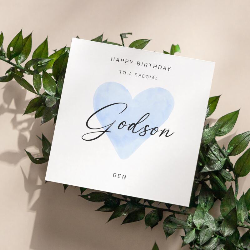 Godsons birthday card personalised blue heart design custom name handmade minimalist greeting - Smooth No Message - Kraft Brown