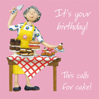 This Calls for Cake Female Birthday Greetings Card Designed by Erica Sturla for Holy Mackerel, for Mum, Grandma, Auntie etc. Card is 15cm Square and Blank Inside for Your own Message