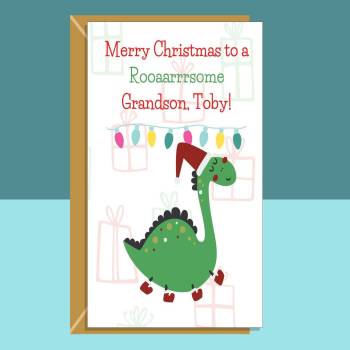 Personalised Grandson Dinosaur Christmas Card - Customisable Card for Grandson - Xmas