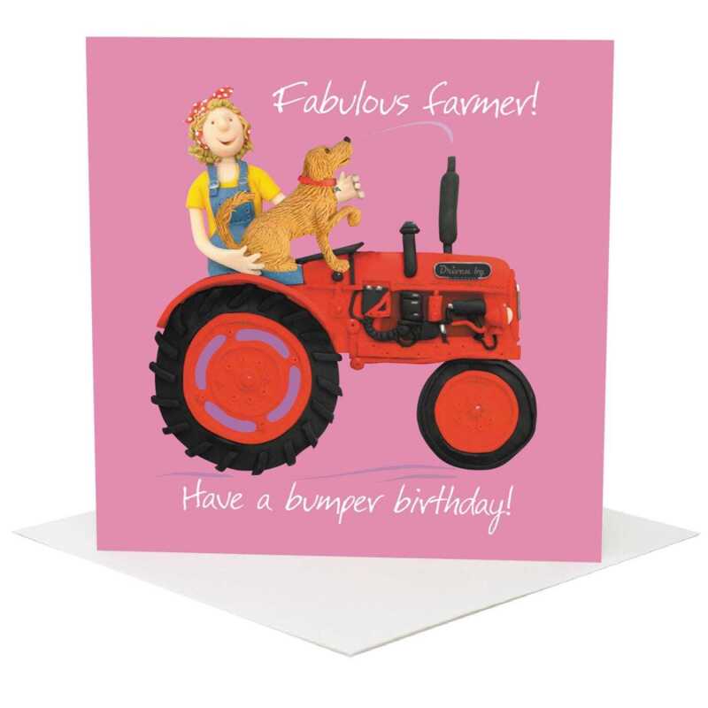 Fabulous farmer female tractor themed birthday card for him - designed by Erica Sturla - 15cm square and blank inside, made in the UK