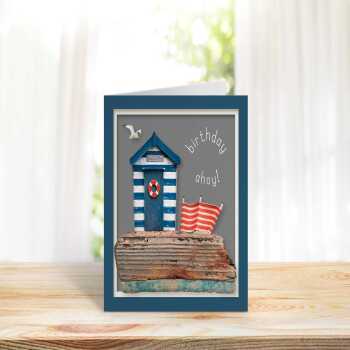 Birthday ahoy! - quayside beach hut themed birthday card - designed by Seth Draper - 15cm square and blank inside, made in the UK
