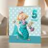 Birthday girl age 5 in a mermaid costume - child's age birthday - designed by Erica Sturla - 15cm square and blank inside, made in the UK
