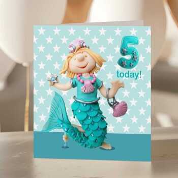 Birthday girl age 5 in a mermaid costume - child's age birthday - designed by Erica Sturla - 15cm square and blank inside, made in the UK