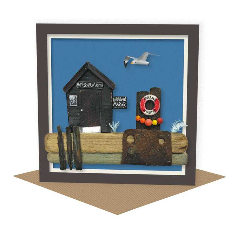 Harbour master - quayside beach hut themed blank card - designed by Seth Draper - 15cm square and blank inside, made in the UK