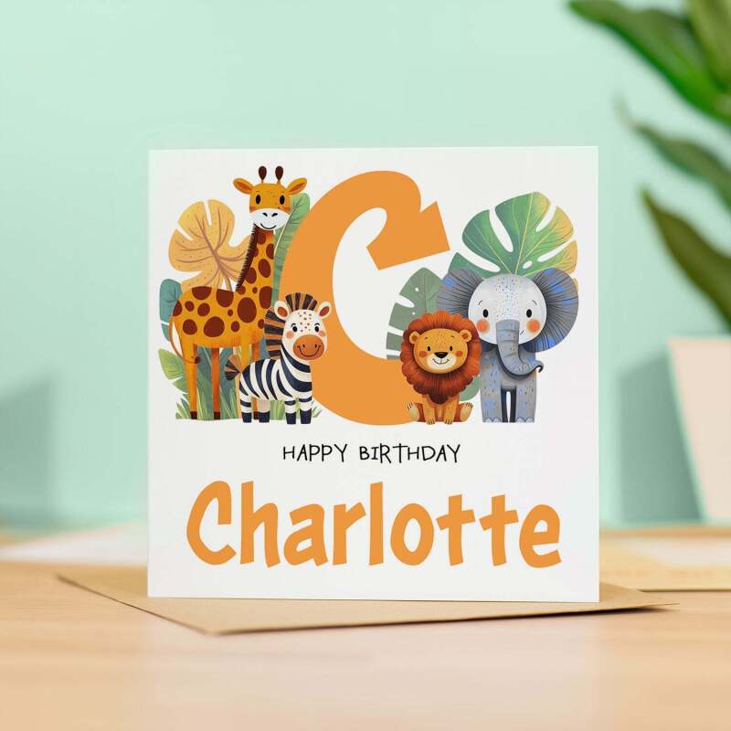 Children's Birthday Card, Personalised for Son, Daughter, Grandson, Granddaughter, Safari Animals, Recycled Card - Square (5.5x5.5) / Blank Inside