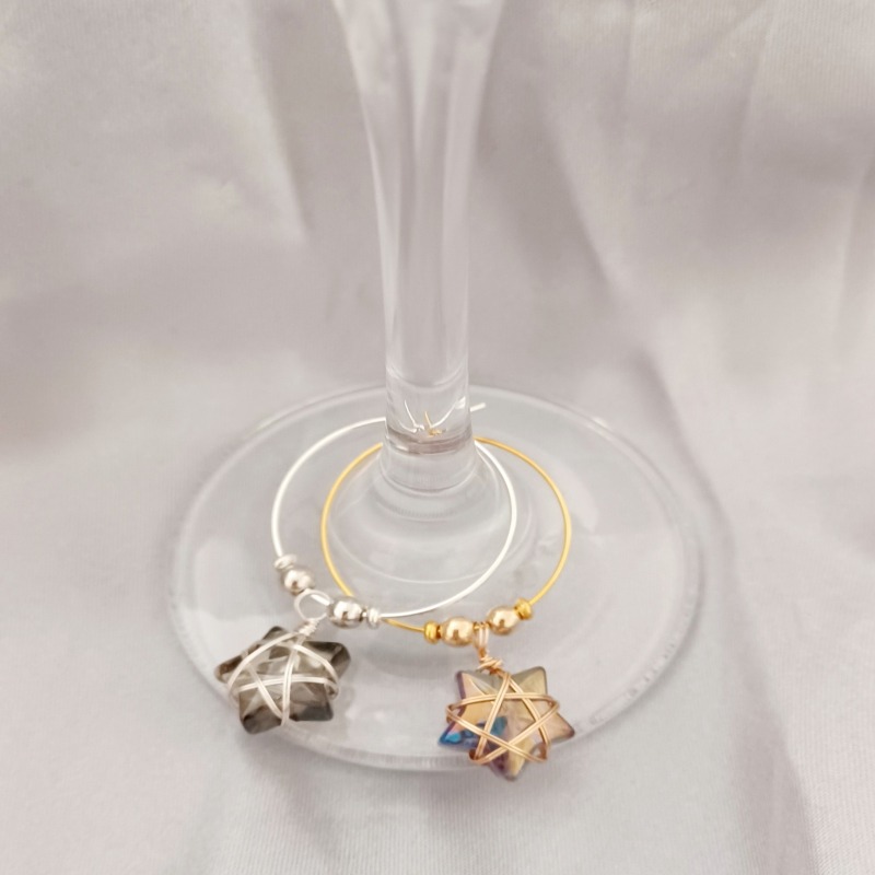 Set of 5 Wine Glass Charms with Wire Wrapped Stars - Silver tone