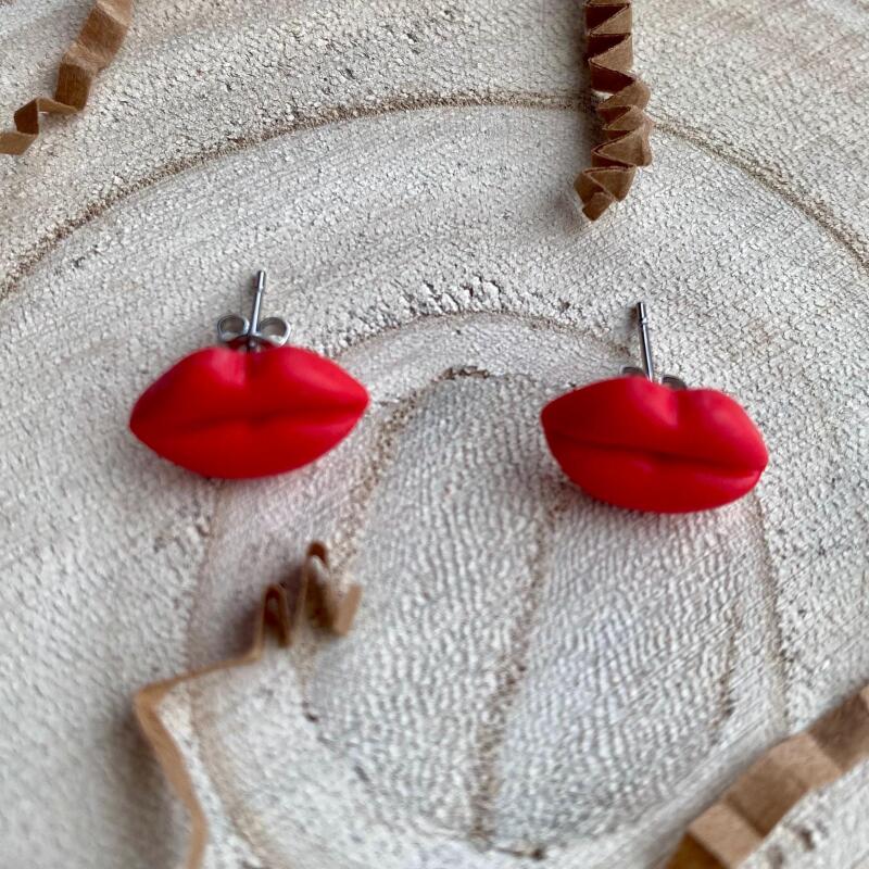 Handmade Red Lip Stud Earrings: Polymer Clay, Hypoallergenic