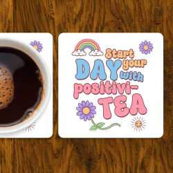 Pastel Retro Coaster: Positivi-TEA, Rainbow, Daisy Design