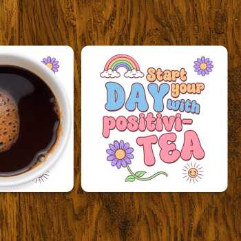 Pastel Retro Coaster: Positivi-TEA, Rainbow, Daisy Design