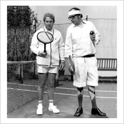 Holy Mackerel Morecambe and Wise retro black and white photographic card featuring a vintage image of the comedians playing tennis - 15cm square and blank inside