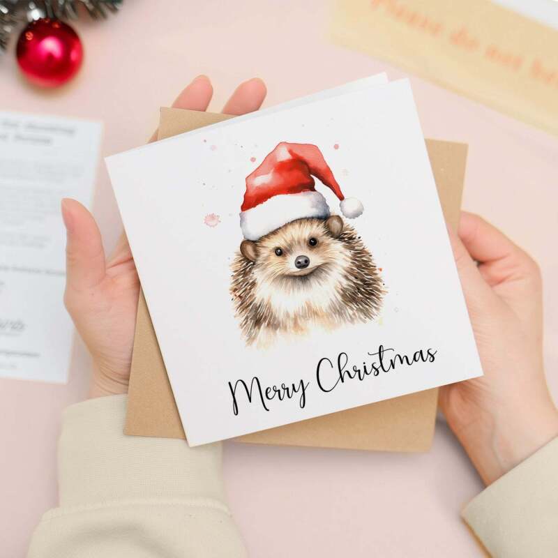 Fun Christmas Card of a Hedgehog Wearing A Santa Hat Whimsical Watercolour Christmas Card For Animal Lover For Him or Her - Square (5.5x5.5) / Blank Inside