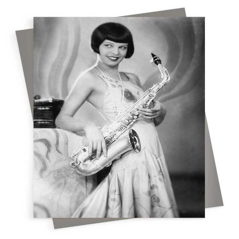 Girl with sax - vintage black and white themed card featuring a saxophone being played - 12.6 x 17.7cm and blank inside - made in the UK