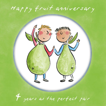 Holy Mackerel same sex LGBTQ+ 4th Fruit anniversary card (male) by Rosie Brooks - blank inside - 15cm square