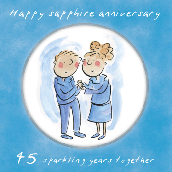 Holy Mackerel 45th (sapphire) wedding anniversary card by Artist Rosie Brooks. 15cm square and blank inside. Anniversary card for him, her, husband, wife, couple etc