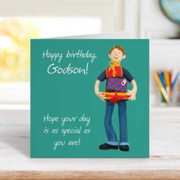 Godson birthday card from a Godparent - designed by Erica Sturla - 15cm square and blank inside, made in the UK