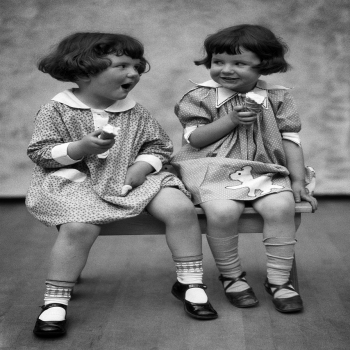 Holy Mackerel ice creams retro black and white photographic card featuring a vintage image of two girls sharing a sweet treat - 12.6 x 17.7cm and blank inside