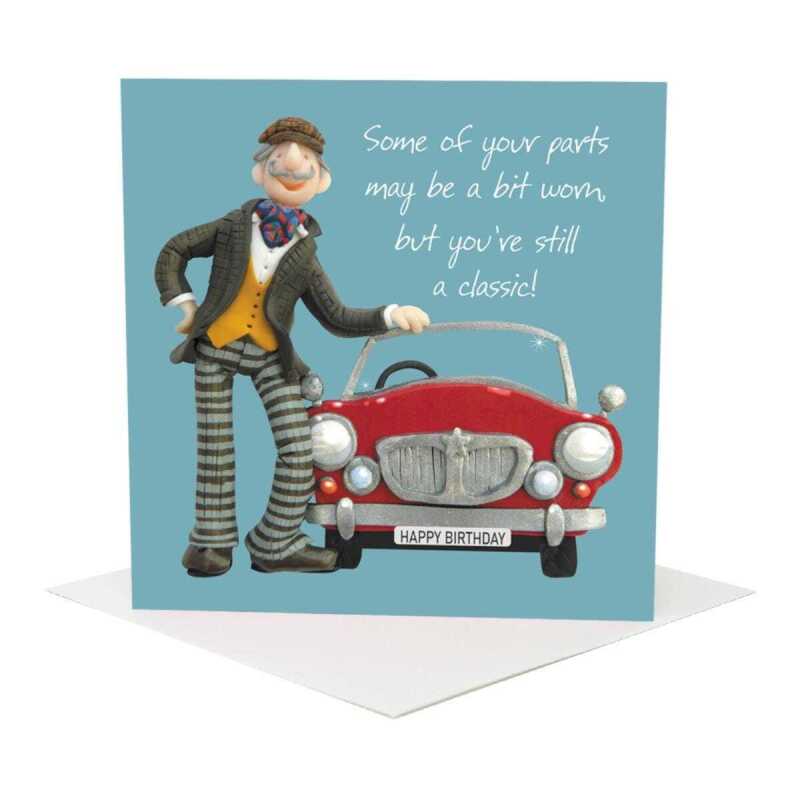 Worn parts birthday card for him - designed by Erica Sturla - 15cm square and blank inside, made in the UK