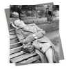 Waiting for Gladys - retro black and white themed card featuring a lady asleep on a bench - 12.6 x 17.7cm and blank inside - made in the UK