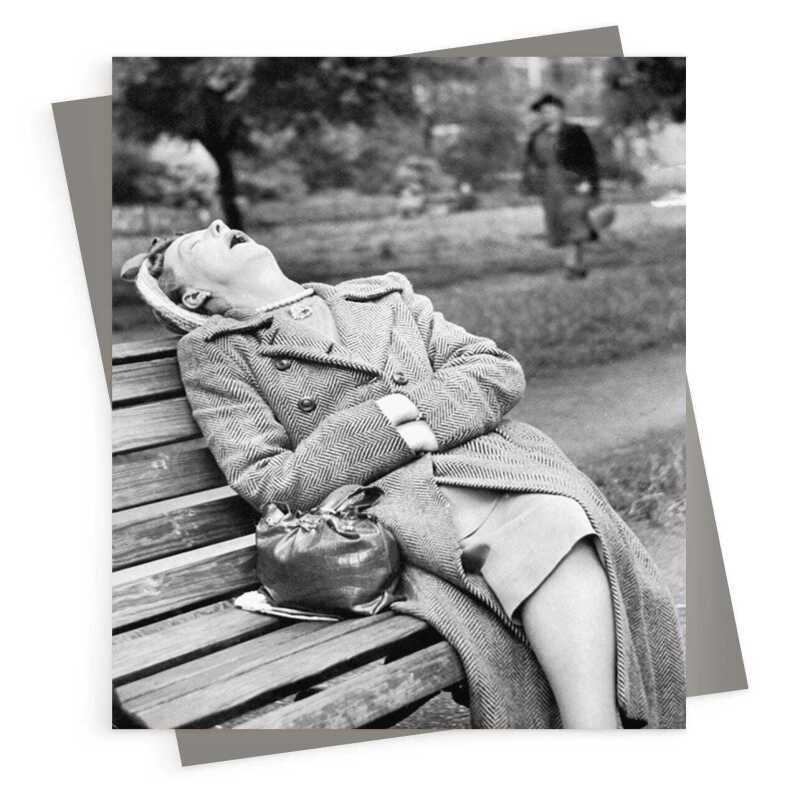 Waiting for Gladys - retro black and white themed card featuring a lady asleep on a bench - 12.6 x 17.7cm and blank inside - made in the UK