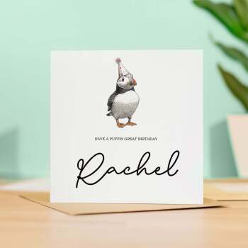 Personalised Birthday Card For Him or Her Puffin Birthday Card Custom Name Birthday Card