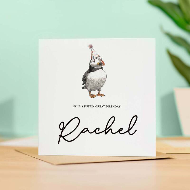 Personalised Birthday Card For Him or Her Puffin Birthday Card Custom Name Birthday Card - Square (5.5x5.5) / Blank Inside