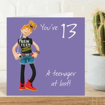 13th birthday card for her - designed by Erica Sturla - 15cm square and blank inside, made in the UK