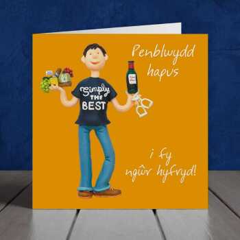 Welsh birthday card for husband - wine and cheese art card by Erica Sturla - UK made