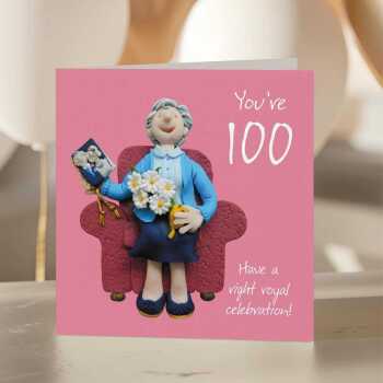 Right royal celebration, female 100th birthday card for her - designed by Erica Sturla - 15cm square and blank inside, made in the UK