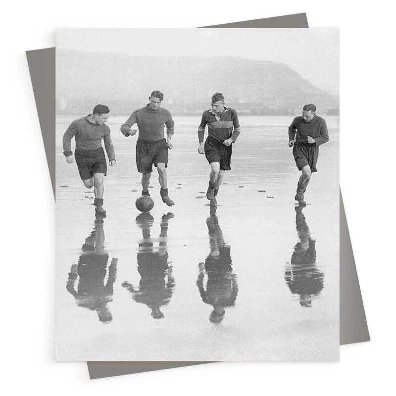 Footballers training on the beach - vintage black and white themed card - 12.6 x 17.7cm and blank inside - made in the UK